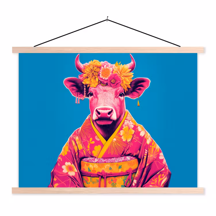 Schoolplaat - Koe - Bloemenkrans - Oorhangers - Kimono — 1