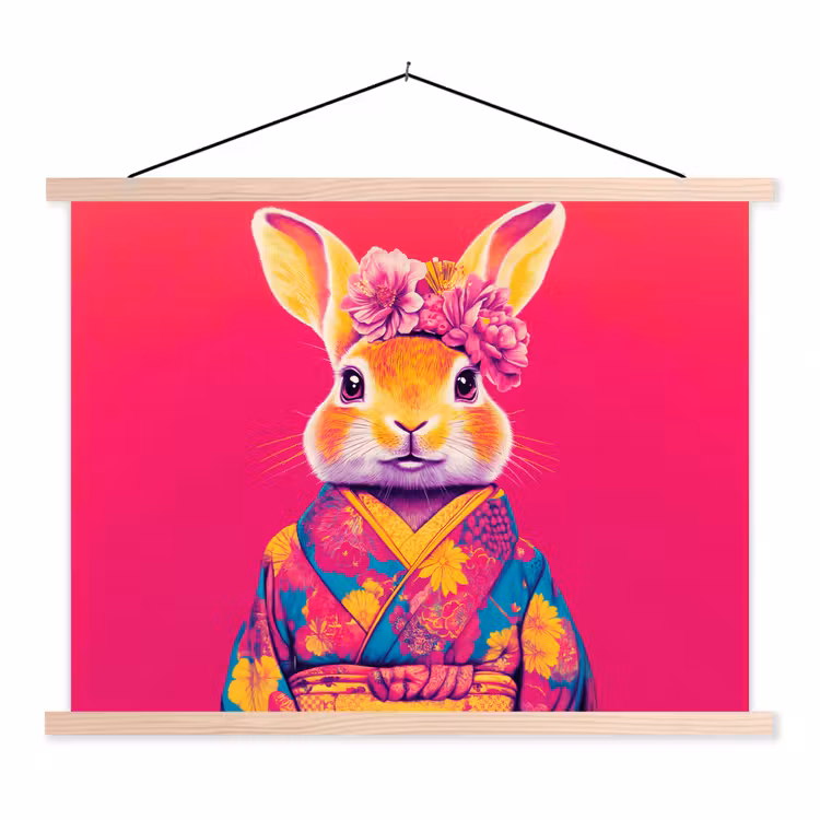 Schoolplaat - Konijn - Bloemen - Kleurrijk - Kimono — 1