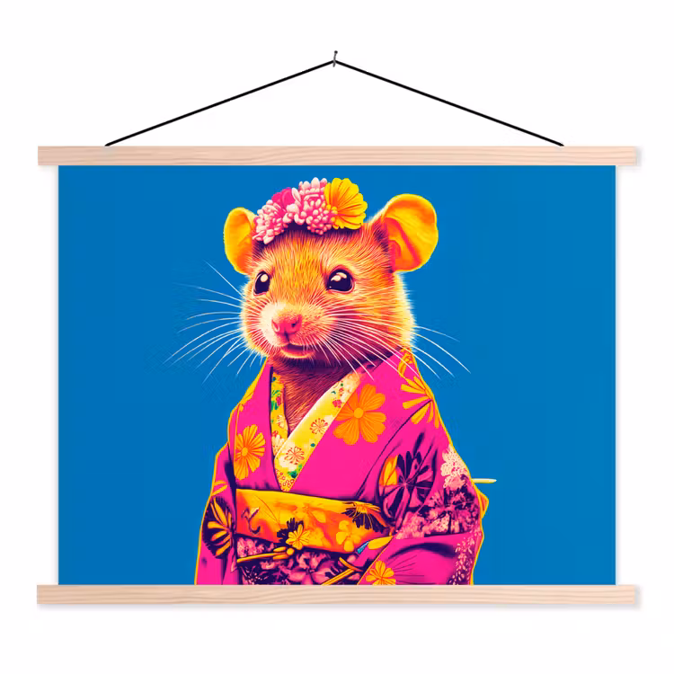 Schoolplaat - Muis - Kimono - Bloemen - Blauw — 1