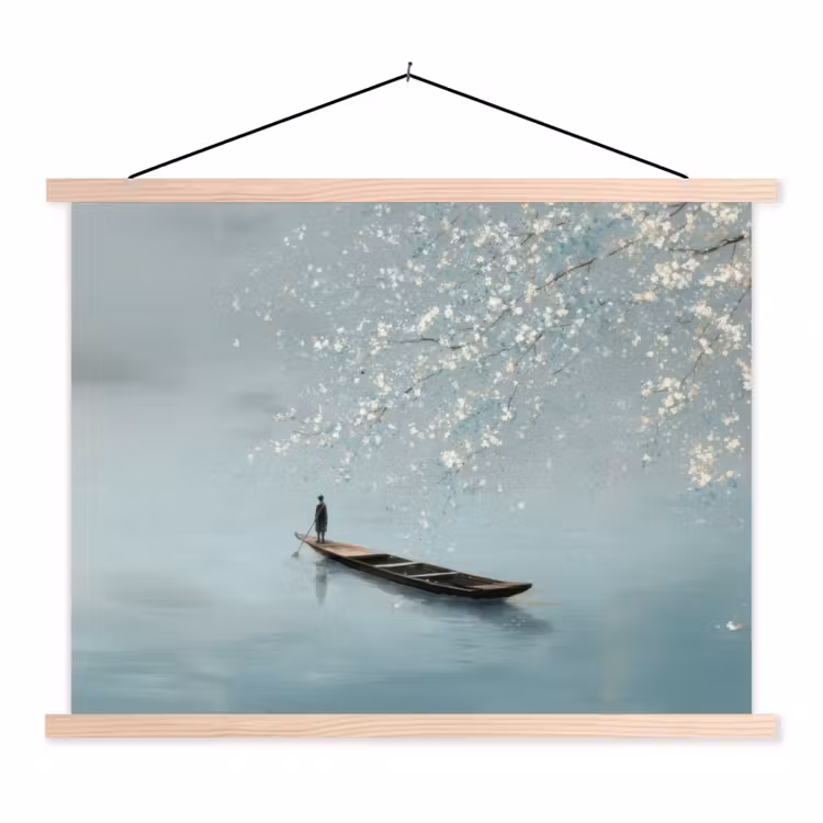 Schoolplaat - Bloesems - Minimalistisch - Wateroppervlak - Boot — 1