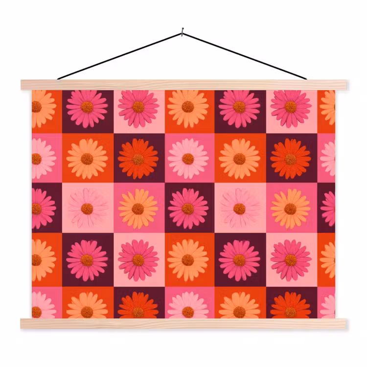 Schoolplaat - Madeliefjes - Dambord - Retro - Roze - Oranje — 1