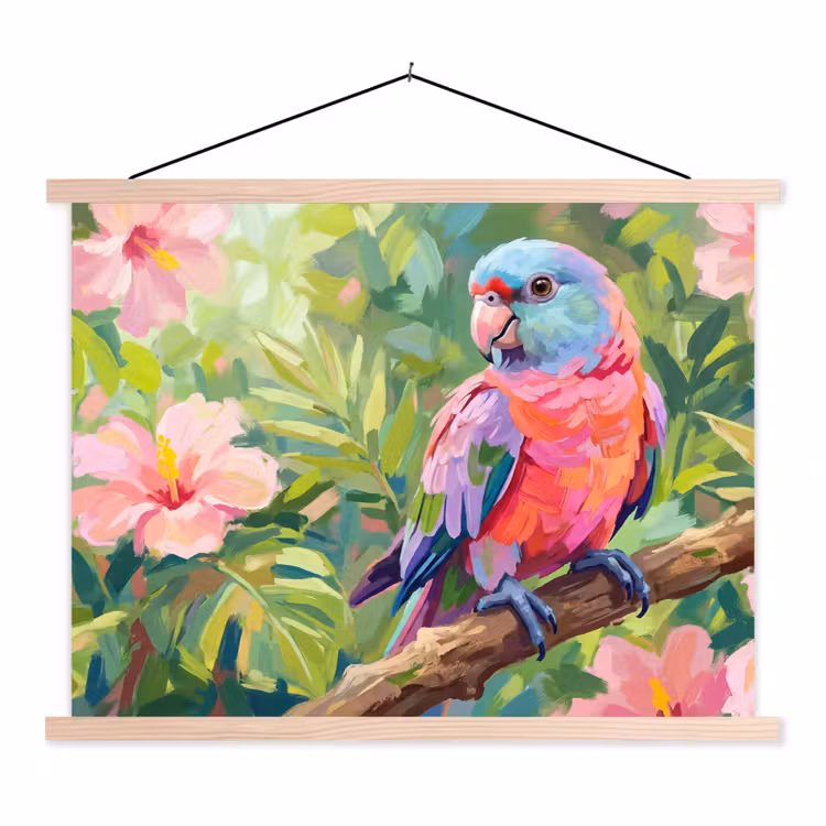 Schoolplaat - Papagaai - Hibiscusbloemen - Kleurrijk — 1