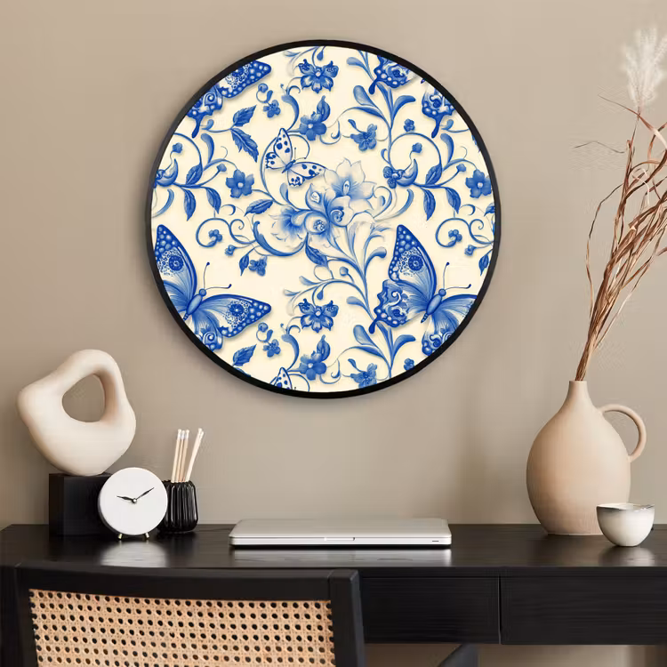 Ronde fotolijst - Vlinders - Bloemen - Blauw - Botanisch — 2