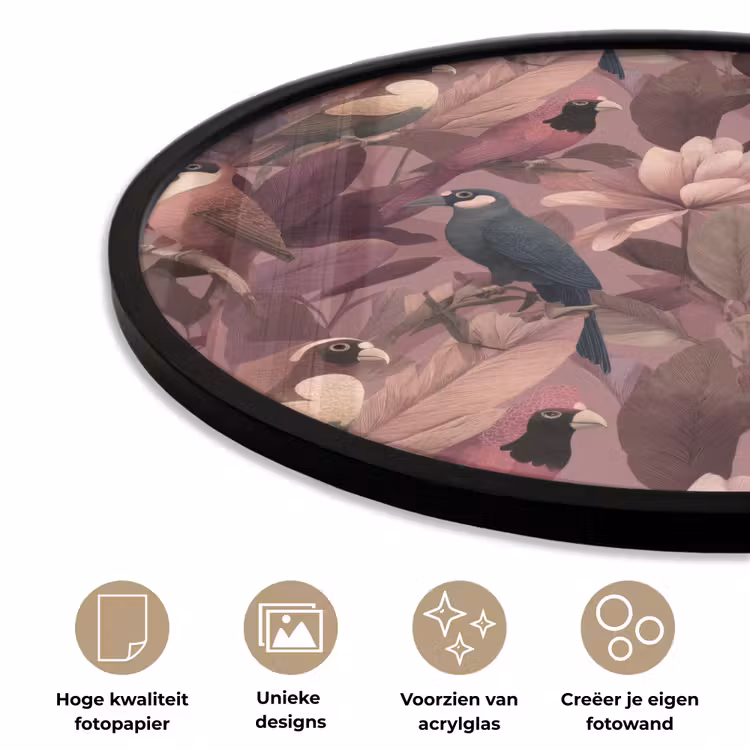 Ronde fotolijst - Vogels - Bladeren - Roze — 5