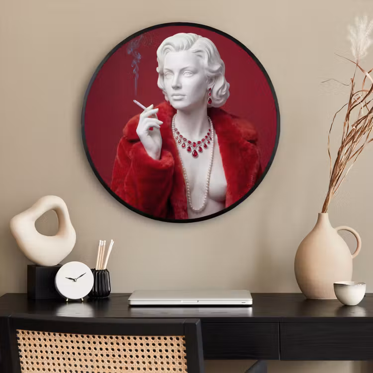 Ronde fotolijst - Vrouw - Bontjas - Mode - Klassiek - Rood — 2
