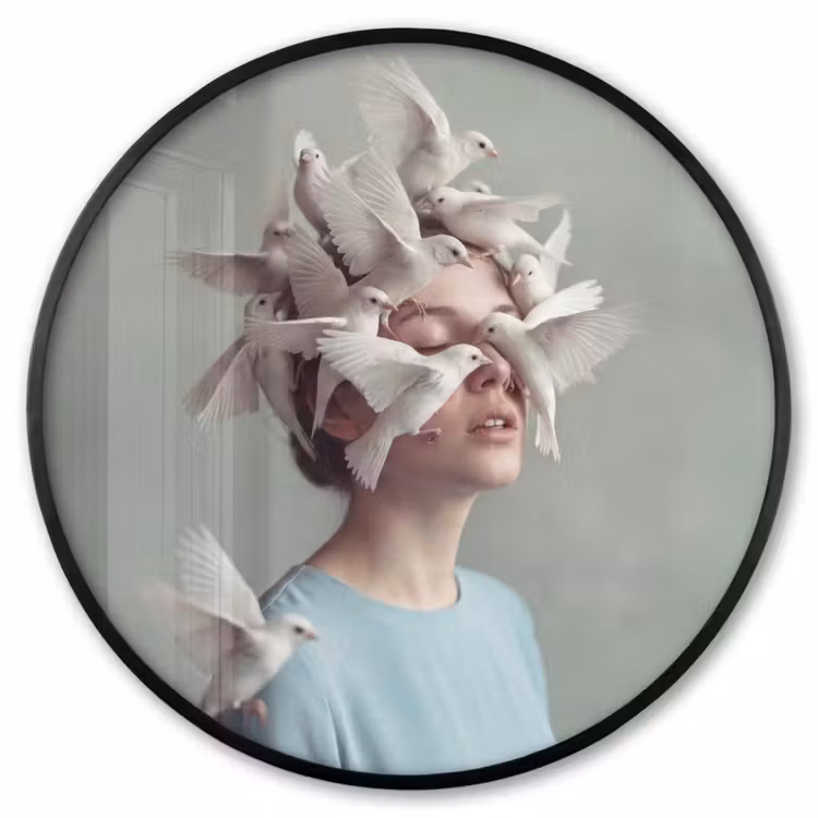 Ronde fotolijst - Vrouw - Vogels - Abstract - Modern - Wit — 1