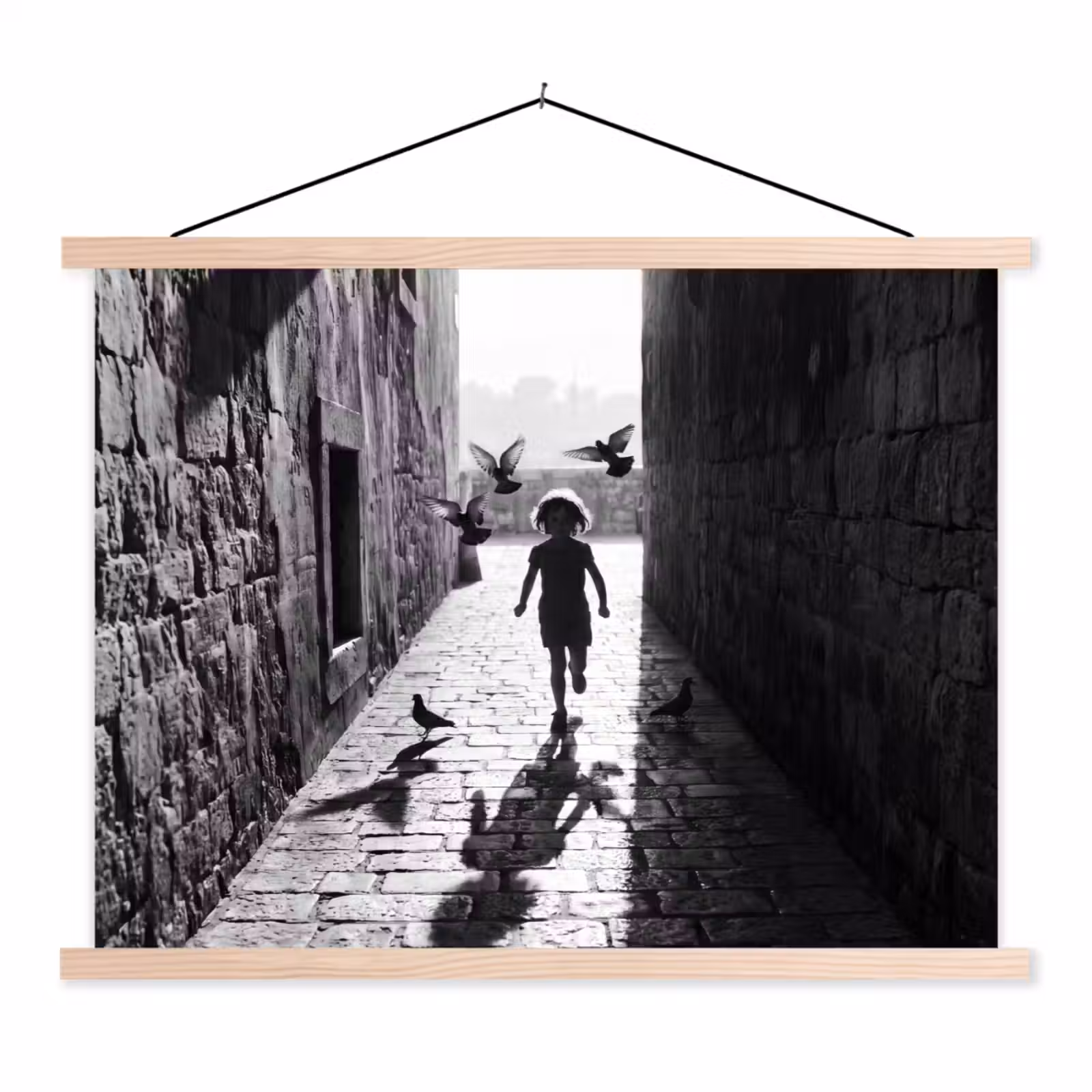 Schoolplaat - Kind - Vogel - Straat - Zwart-wit - Spelen — 1