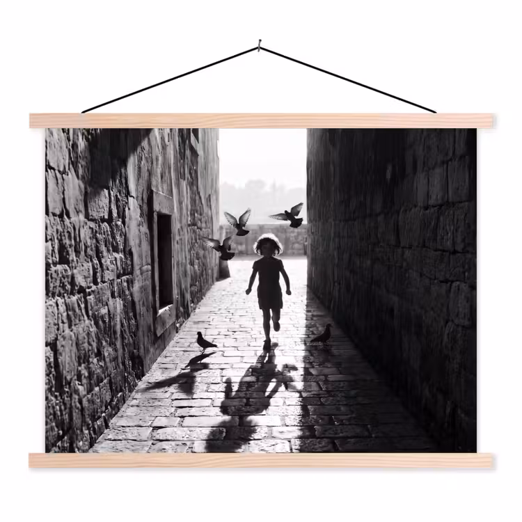 Schoolplaat - Kind - Vogel - Straat - Zwart-wit - Spelen — 1