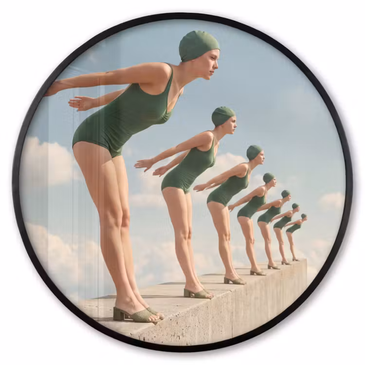 Ronde fotolijst - Vrouwen - Duikhouding - Wolken — 1