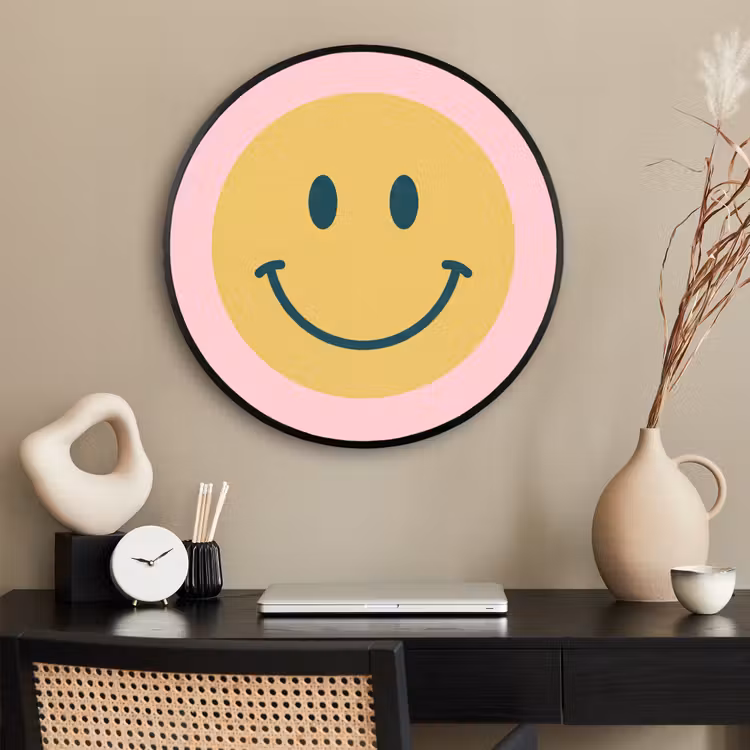 Ronde fotolijst - Smiley - Geel - Roze - Symbool - Minimalistisch — 2