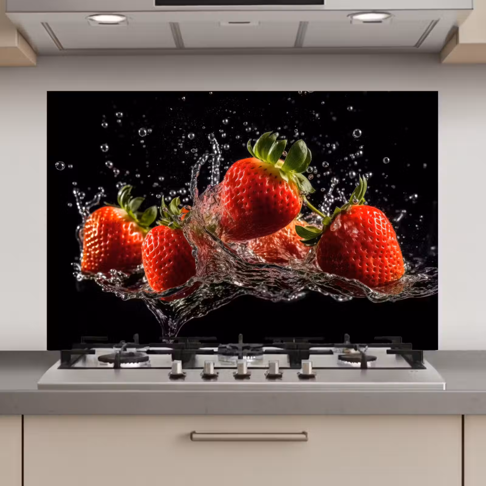 Spatscherm keuken - Aardbeien - Fruit - Rood - Water - Zwart — 1