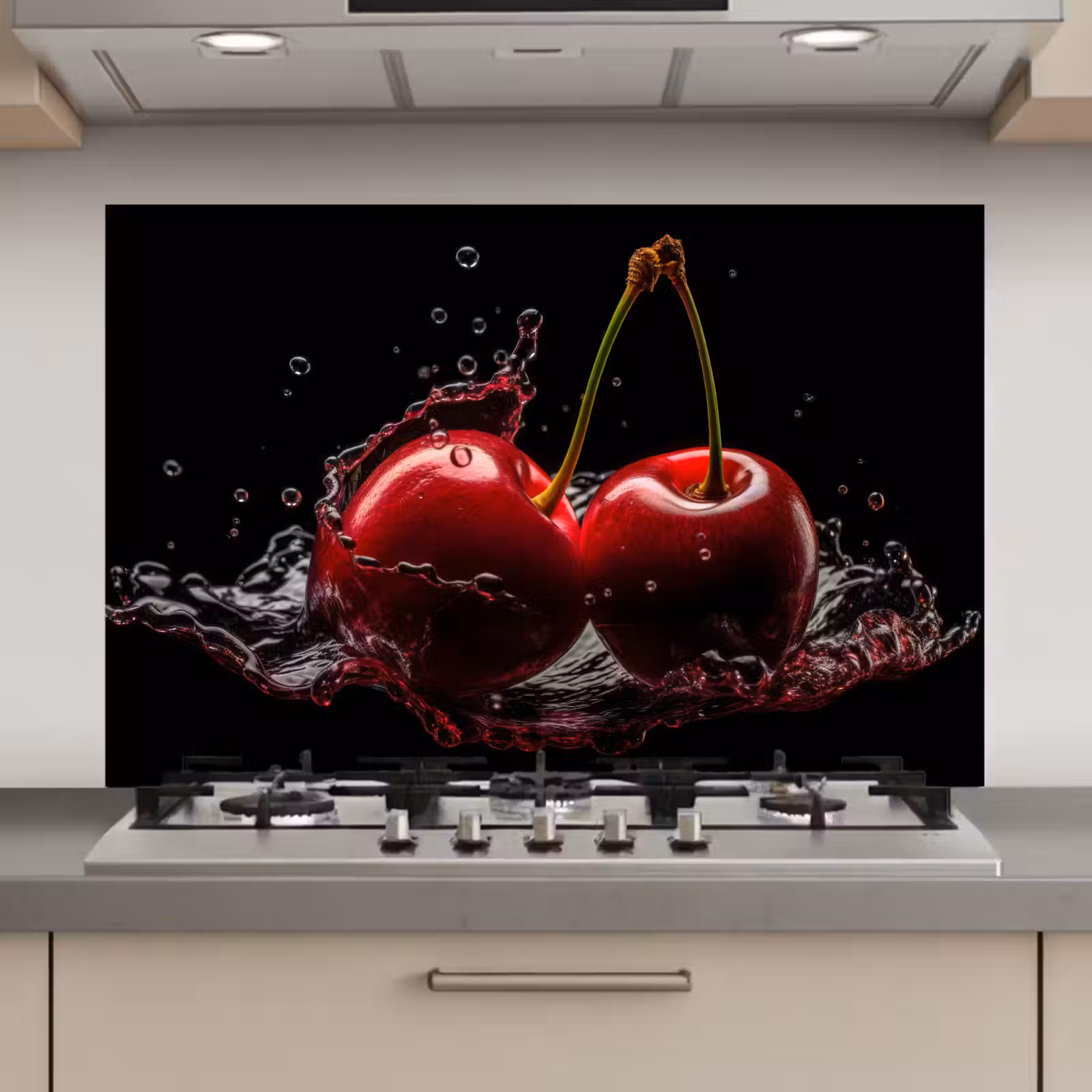 Spatscherm keuken - Kersen - Rood - Fruit - Water - Zwart — 1