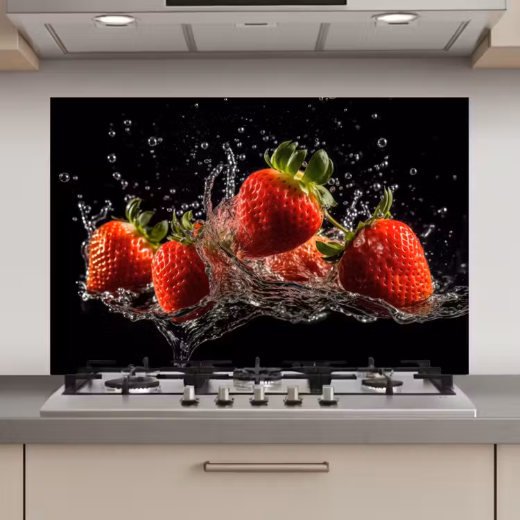 Spatscherm keuken - Aardbeien - Fruit - Rood - Water - Zwart — 1