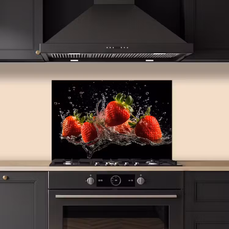 Spatscherm keuken - Aardbeien - Fruit - Rood - Water - Zwart — 2