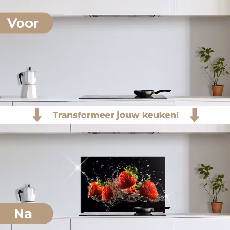 Spatscherm keuken - Aardbeien - Fruit - Rood - Water - Zwart — 3