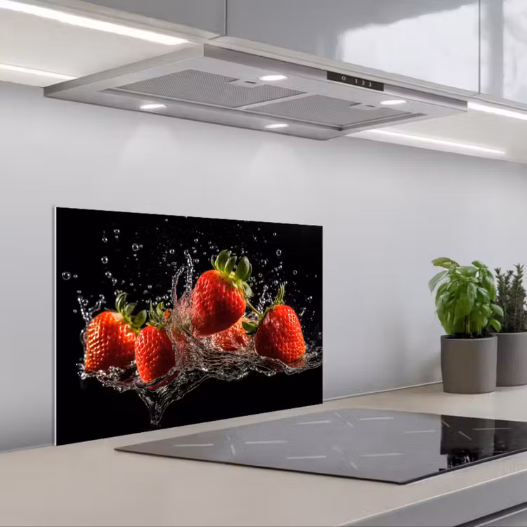 Spatscherm keuken - Aardbeien - Fruit - Rood - Water - Zwart — 5