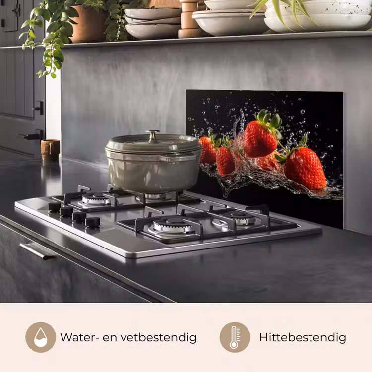 Spatscherm keuken - Aardbeien - Fruit - Rood - Water - Zwart — 7