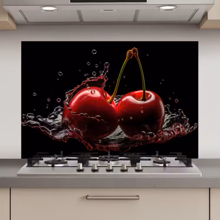 Spatscherm keuken - Kersen - Rood - Fruit - Water - Zwart — 1