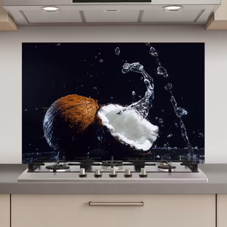 Spatscherm keuken - Kokosnoot - Stilleven - Water - Zwart - Fruit — 1