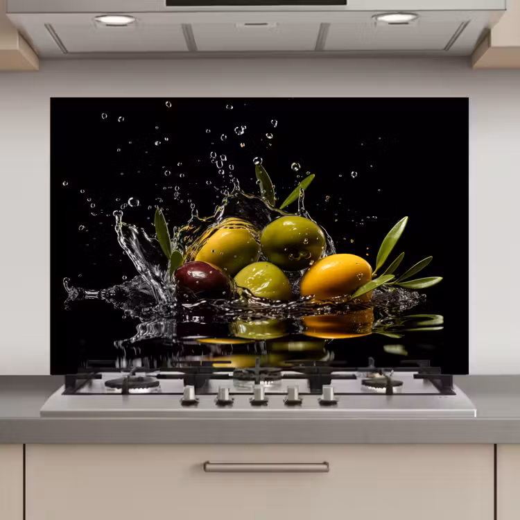 Spatscherm keuken - Olijven - Groen - Water - Zwart — 1