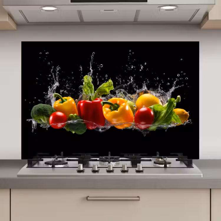 Spatscherm keuken - Paprika - Water - Groente - Zwart — 1