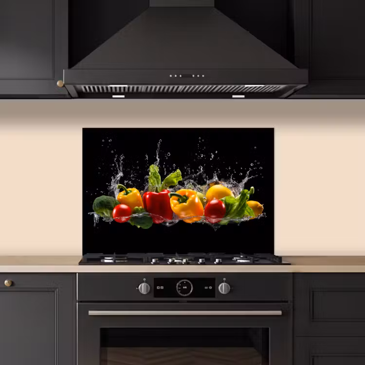 Spatscherm keuken - Paprika - Water - Groente - Zwart — 2