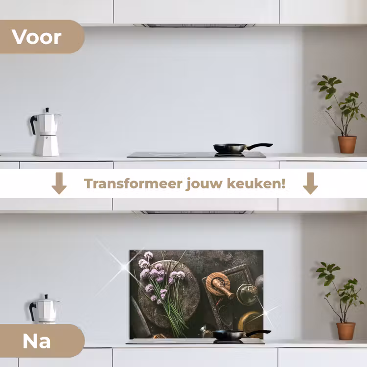 Spatscherm keuken - Bieslook Bloesem en Antieke Keukenwaren — 3