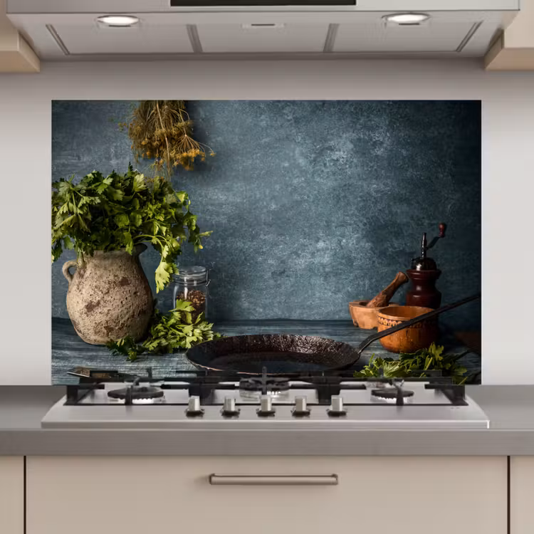 Spatscherm keuken - Kruiden - Specerijen - Pan - Mes - Grijs - Rustiek — 1
