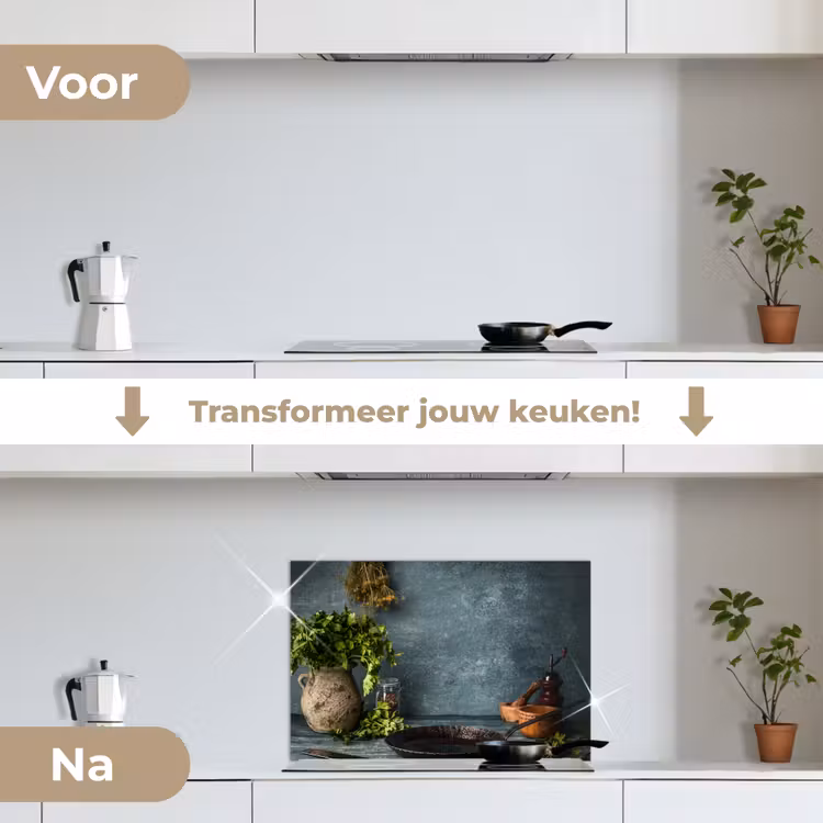 Spatscherm keuken - Kruiden - Specerijen - Pan - Mes - Grijs - Rustiek — 3