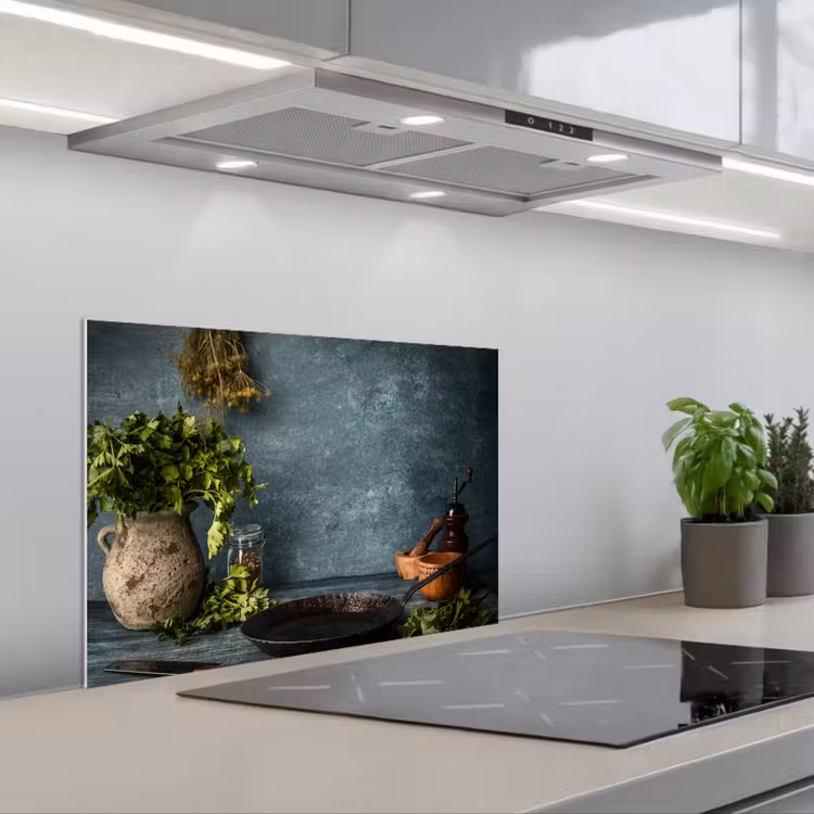 Spatscherm keuken - Kruiden - Specerijen - Pan - Mes - Grijs - Rustiek — 5