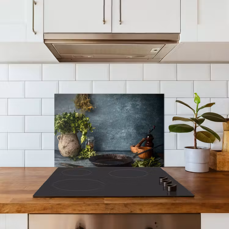 Spatscherm keuken - Kruiden - Specerijen - Pan - Mes - Grijs - Rustiek — 6