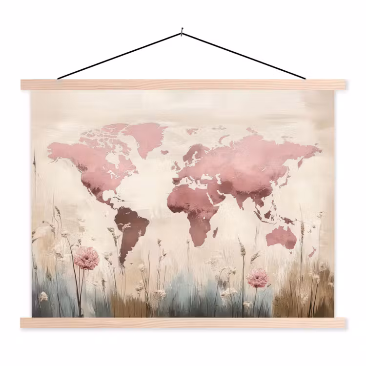 Schoolplaat - Wereldkaart - Roze - Bloemen — 1