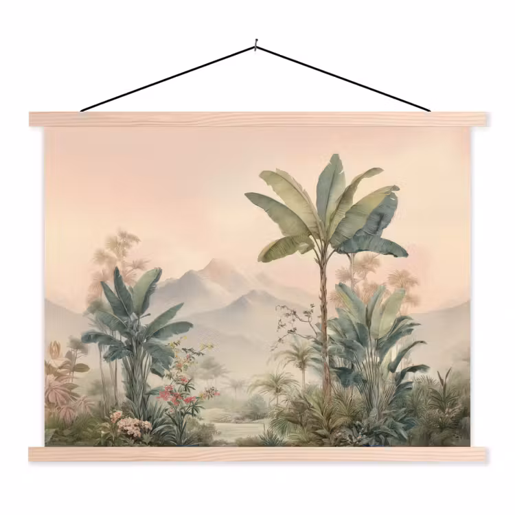 Schoolplaat - Tropisch landschap - palmbomen - Bloemen - Roze lucht — 1