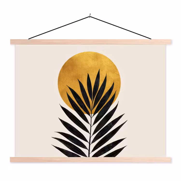 Schoolplaat - Zwart palmblad - Gouden cirkel - Beige achtergrond — 1