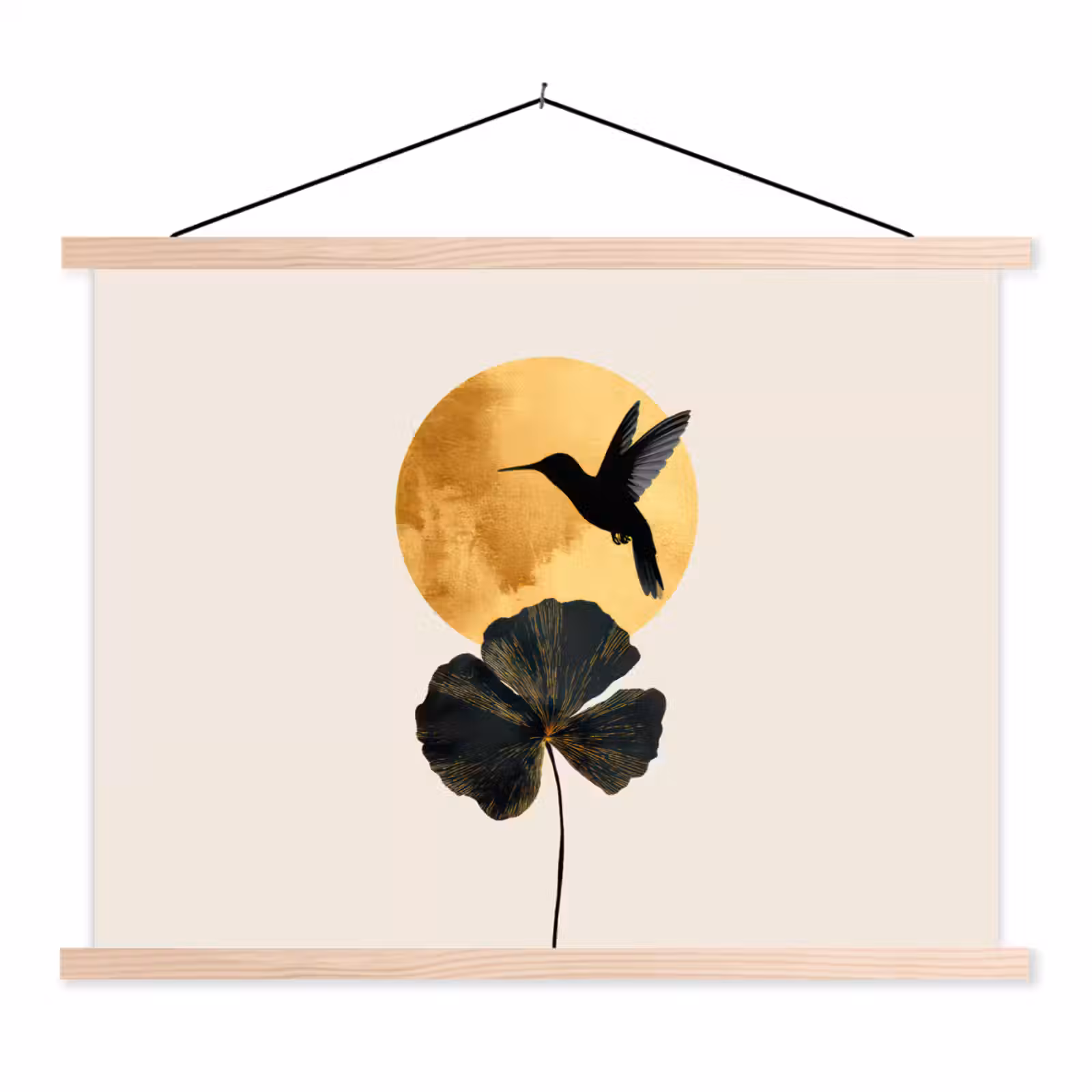 Schoolplaat - Zwarte kolibrie - Bloem - Gouden cirkel — 1