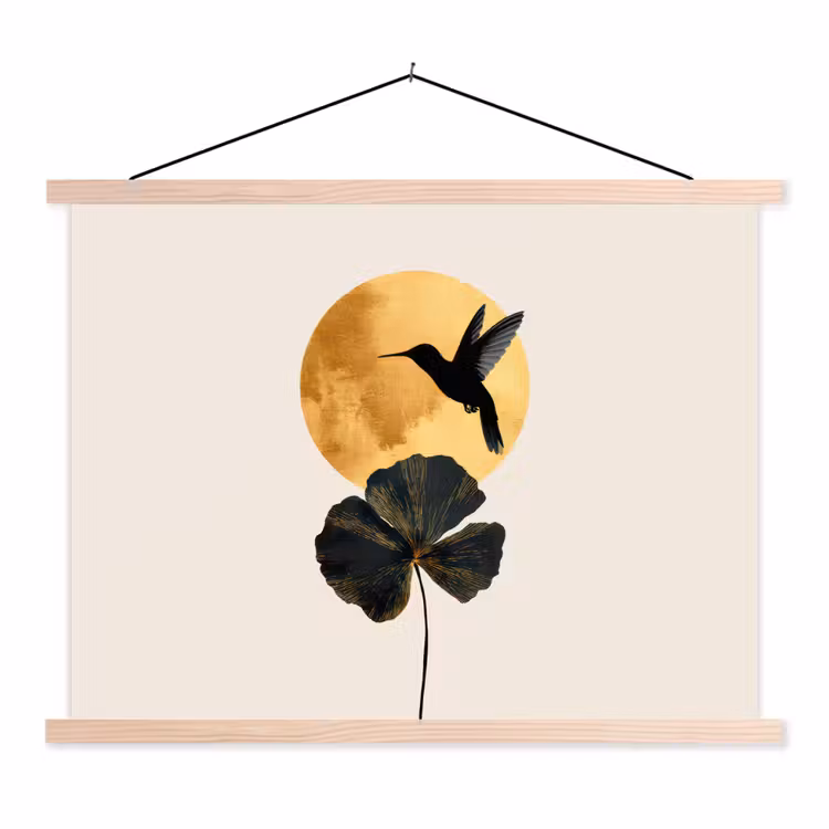 Schoolplaat - Zwarte kolibrie - Bloem - Gouden cirkel — 1