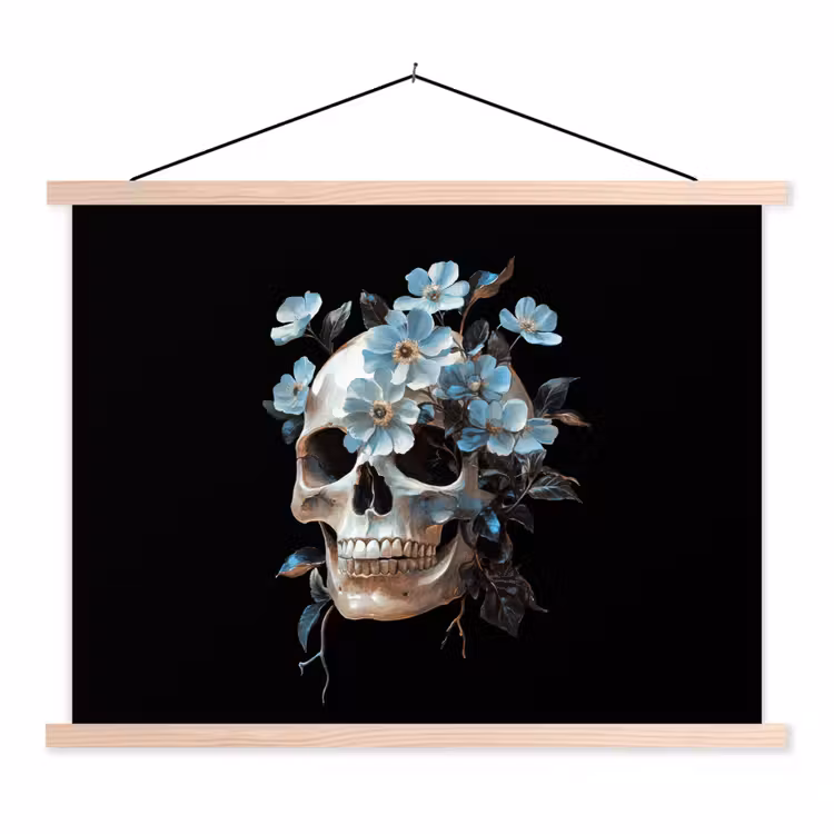 Schoolplaat - Schedel - Blauw - Bloemen - Bladeren — 1