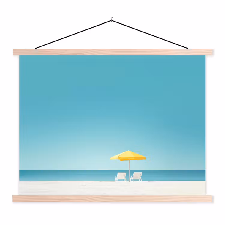 Schoolplaat - Strand - Blauwe lucht - Geel - Parasol — 1