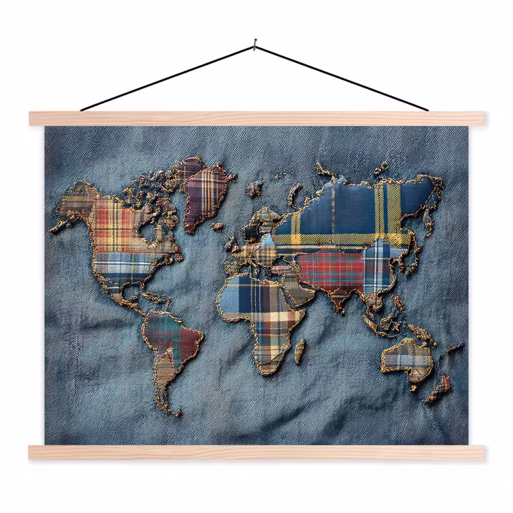Schoolplaat - Wereldkaart - Denim - Textiel — 1