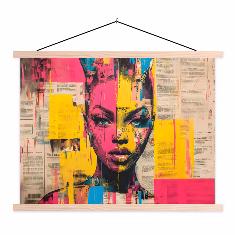 Schoolplaat - Vrouwengezicht - Krantenpapier - Abstract - Roze — 1