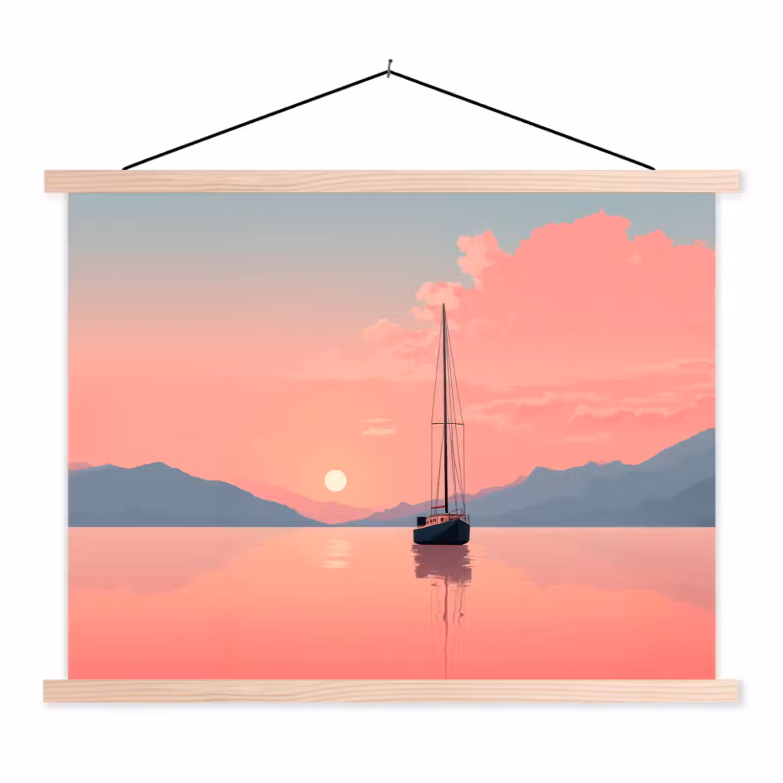 Schoolplaat - Zeilboot - Roze zee - Zonsondergang - Bergen — 1