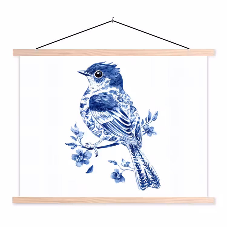 Schoolplaat - Vogel - Delfts blauw - Illustratie - Bloemen — 1