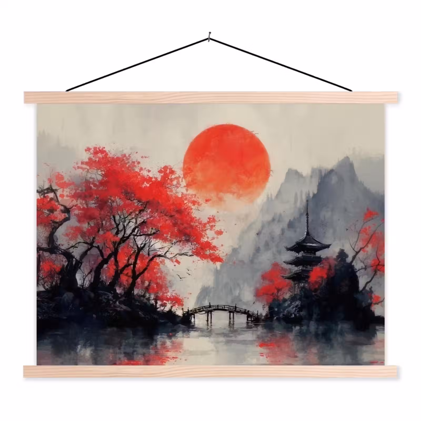 Schoolplaat - Rode zon - Rivier - brug - Bomen — 1