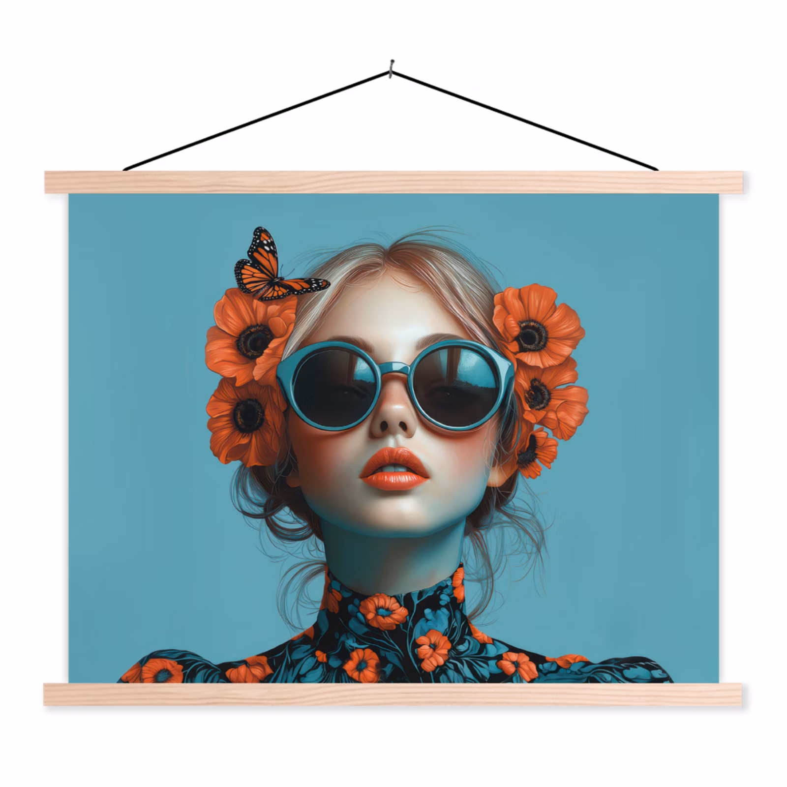 Schoolplaat - Vrouw - Blauw - Vlinder - Bloemen - Aesthetic — 1