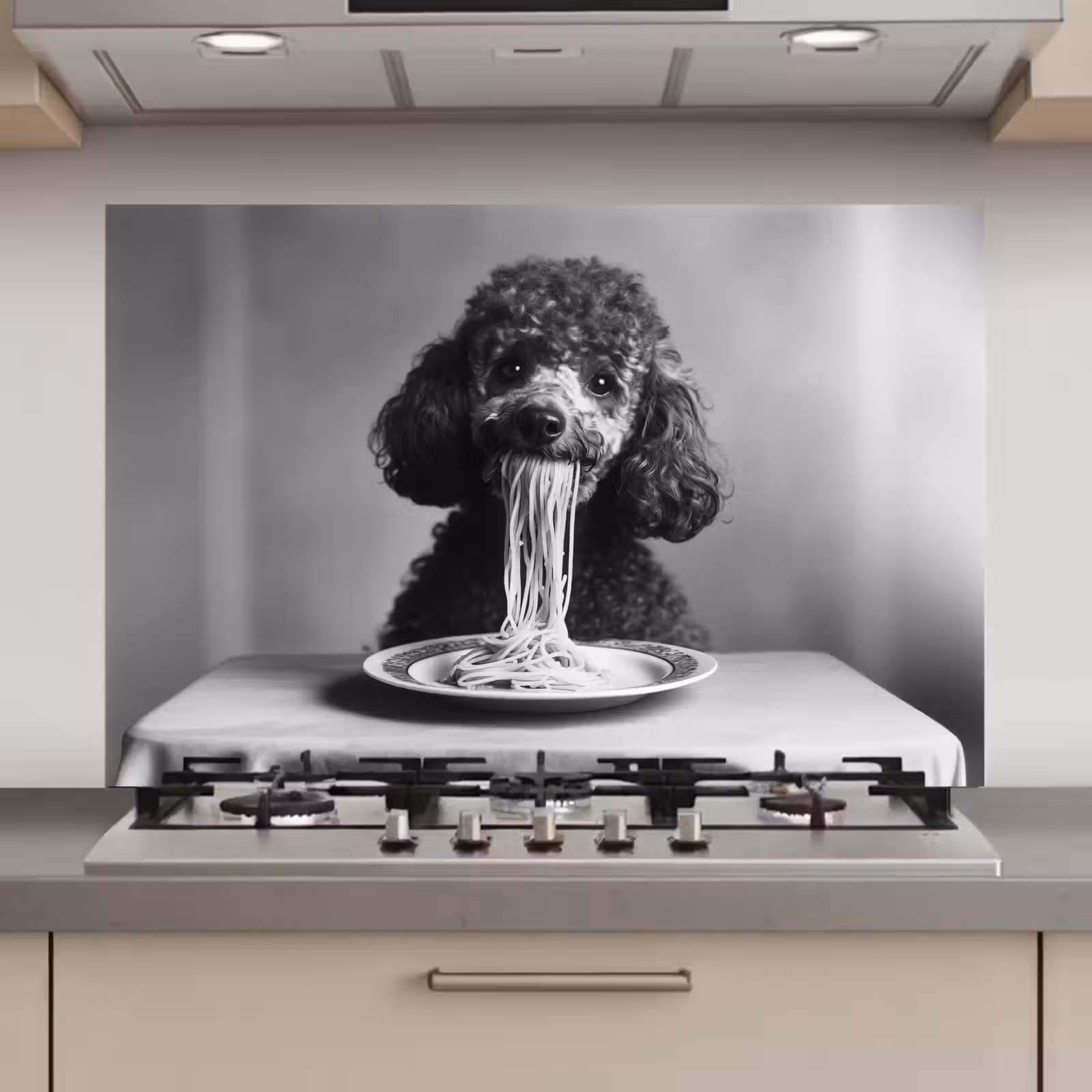 Spatscherm keuken - Poedel - Hond - Zwart - Wit - Schattig - Pasta — 1