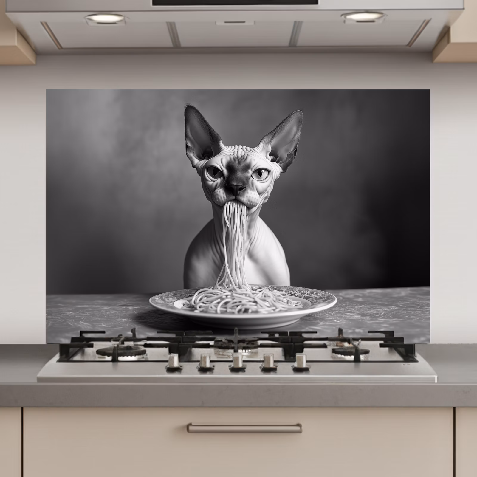 Spatscherm keuken - Sphynx - Kat - Dieren - Humor - Spaghetti - Zwart Wit — 1