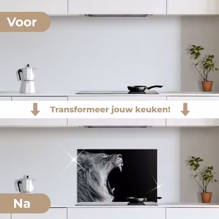 Spatscherm keuken - Dieren - Leeuw - Zwart - Wit - Portret — 3