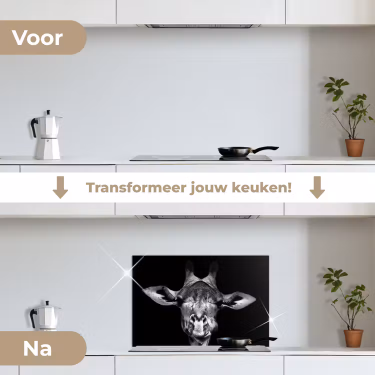 Spatscherm keuken - Giraffe - Portret - Dieren - Zwart - Wit — 3