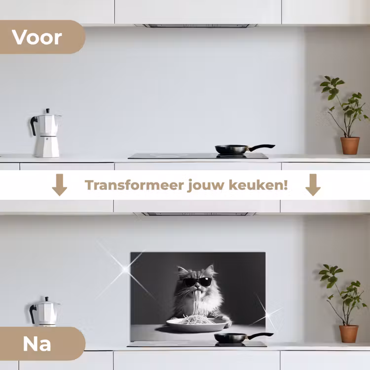 Spatscherm keuken - Langharige kat - Zonnebril - Spaghetti - Humor - Zwart - wit — 3