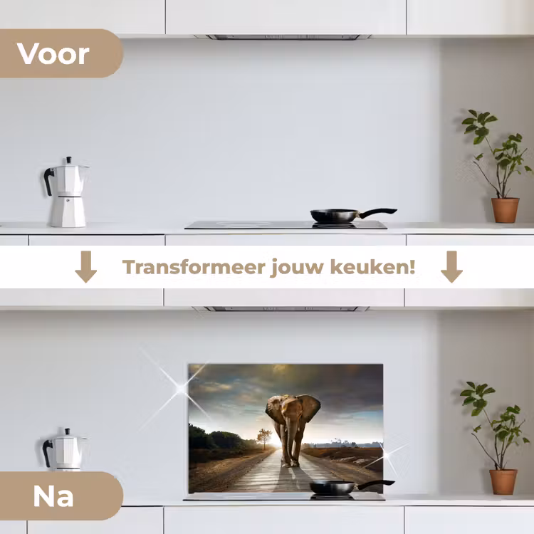Spatscherm keuken - Olifant - Weg - Dieren - Zonsondergang - Landschap — 3